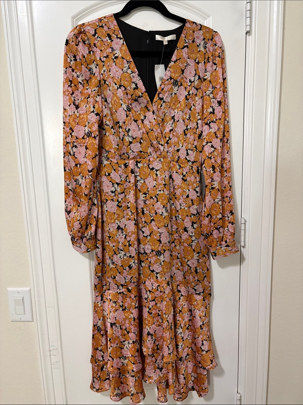 Wayf Mustard and Pink Floral Tiered V-Neck Long Sleeve Dress